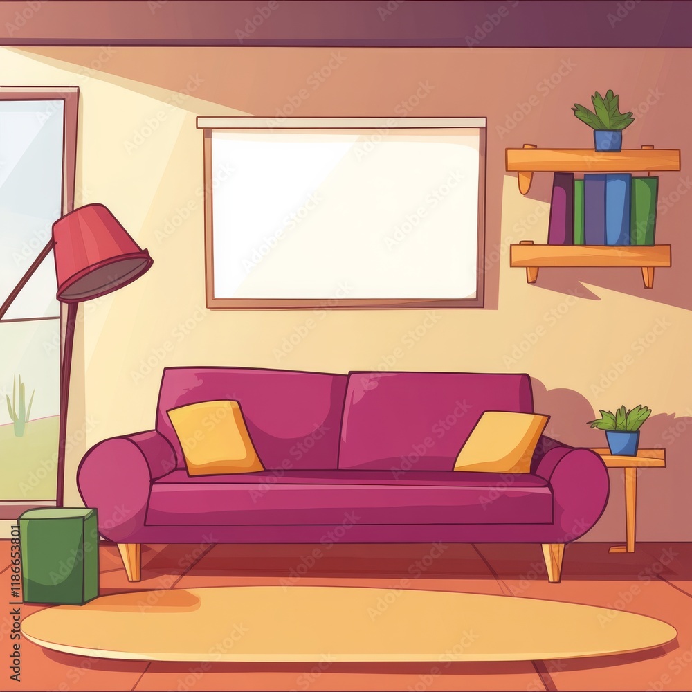 Cartoon illustration of cozy room with sofa in the middle in the background a simple whiteboard on the wall