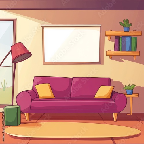 Obraz na płótnie Cartoon illustration of cozy room with sofa in the middle in the background a simple whiteboard on the wall w salonie