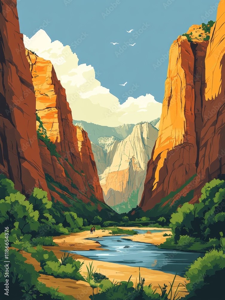 Poster of zion national park. the style should feature flat colors and clean lines