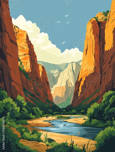 Obraz na płótnie Poster of zion national park. the style should feature flat colors and clean lines w salonie