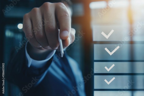 Man in a suit points at a check mark on a paper, indicating approval or success photo