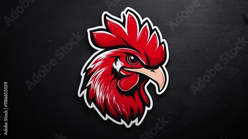 Fierce rooster head graphic against a dark background.  Red and white illustration. photo