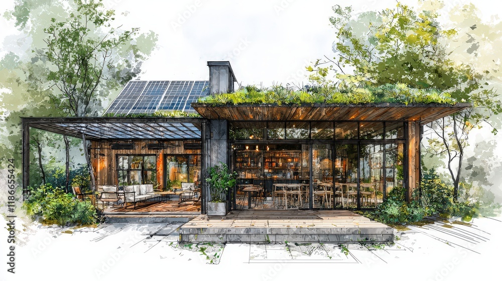 Eco-Friendly Cafe Concept: A sustainable barn-style cafe sketch with a green roof, solar panels, and a cozy outdoor seating area surrounded by greenery. Ideal for showcasing modern eco-living Eco-Friendly Cafe Concept: A sustainable barn-style cafe sketch with a green roof, solar panels, and a cozy outdoor seating area surrounded by greenery. Ideal for showcasing modern eco-living