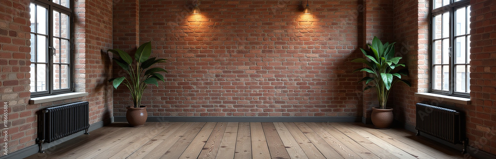 Fototapeta premium Exposed Brick Walls And Wooden Floorboards Create A Raw Grunge Look In This Empty Loft Apartment Space. 00003