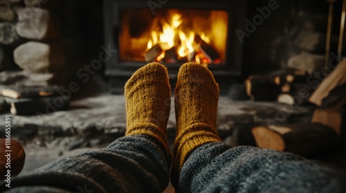 Cozy Fireplace Comfort: Warmth and serenity radiate from this image of feet clad in cozy knitted socks, resting by a crackling fireplace.  The fire's glow casts a soft, inviting ambiance. photo