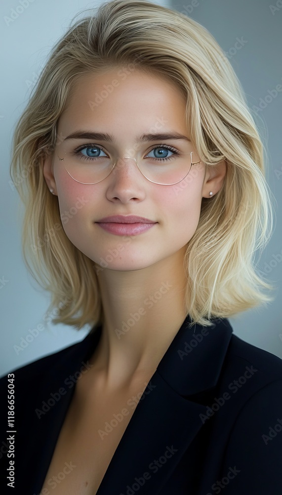 Portrait of a Confident Young Woman with Glasses. Studio Headshot of Attractive Blonde Female. Portrait of a Confident Young Woman with Glasses. Studio Headshot of Attractive Blonde Female.