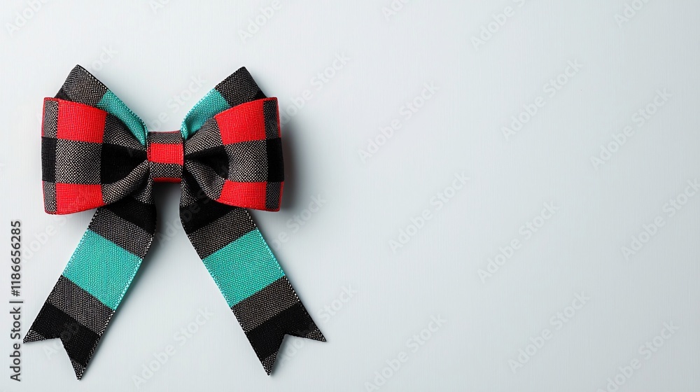 Red and teal plaid fabric bow on light background. Red and teal plaid fabric bow on light background.
