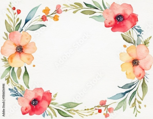 A delicate watercolor floral wreath featuring pink and orange flowers with green leaves, framed on a white background