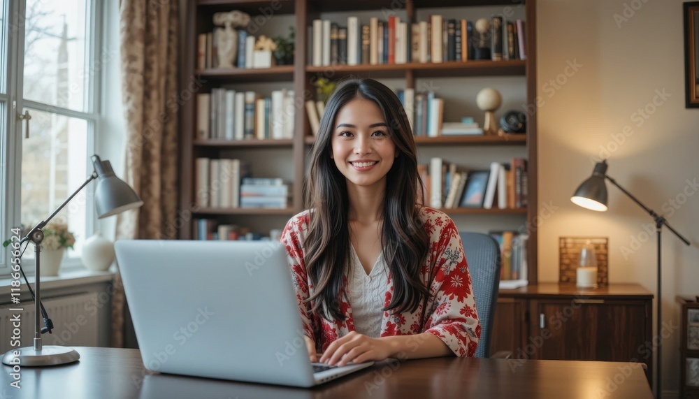 A young woman is seated at a modern desk, immersed in her work on a sleek laptop. Her cozy study features bookshelves, warm lighting, and floral decor, creating a serene environment A young woman is seated at a modern desk, immersed in her work on a sleek laptop. Her cozy study features bookshelves, warm lighting, and floral decor, creating a serene environment