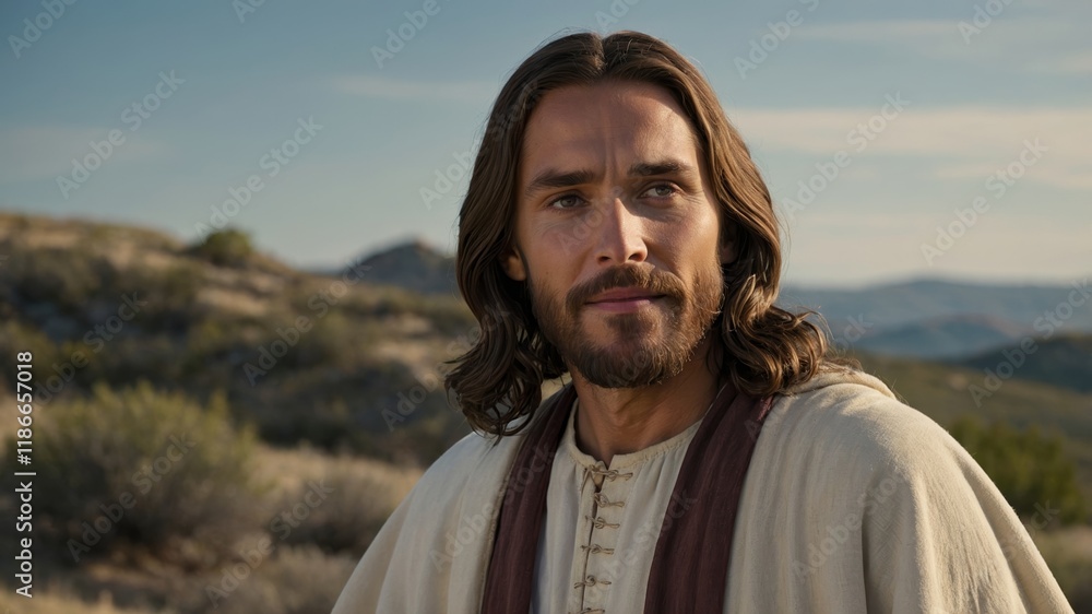 Portrait of a Jesus Christ in a serene landscape with a gentle smile Portrait of a Jesus Christ in a serene landscape with a gentle smile