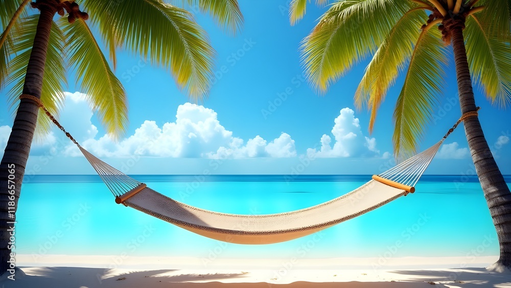 Naklejka premium A hammock tied between two palm trees with a tropical ocean backdrop