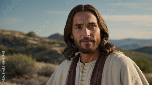 Portrait of a Jesus Christ in a serene landscape with a gentle smile