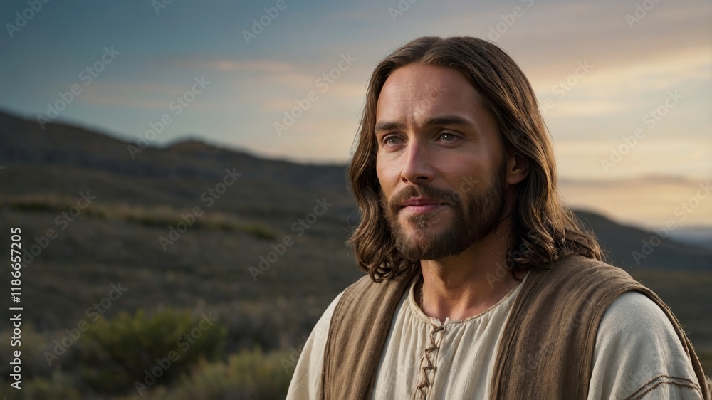 Portrait of a Jesus Christ in a serene landscape with a gentle smile Portrait of a Jesus Christ in a serene landscape with a gentle smile