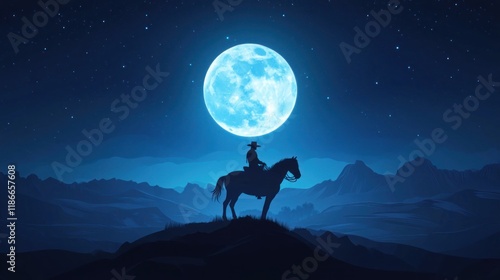 Cowboy silhouetted on horseback against a large blue moon and starry night sky over a mountainous desert landscape.