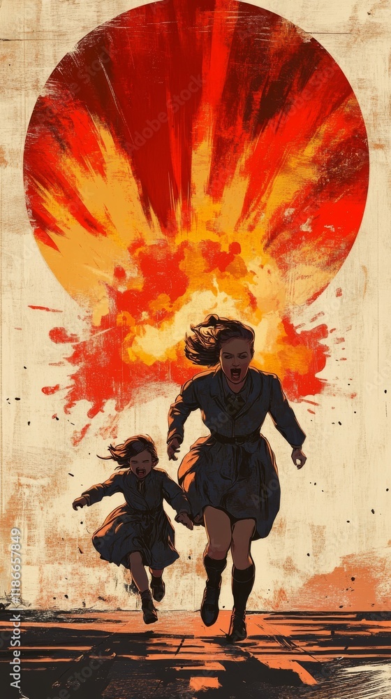Obraz premium Family running away from a nuclear bomb style world war 2 poster