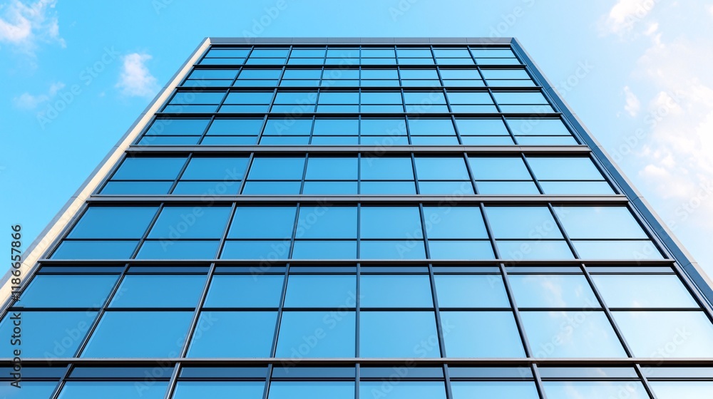 Low-angle view of a modern glass skyscraper against a bright blue sky. Low-angle view of a modern glass skyscraper against a bright blue sky.
