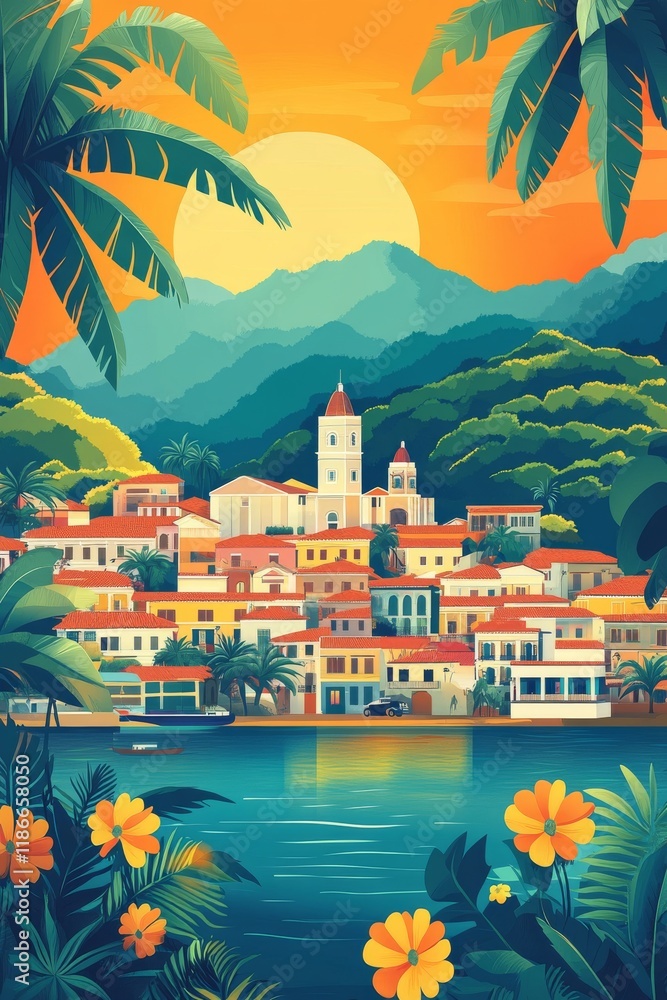 Travel poster featuring cartoon simple poster city maracaibo venezuela with simple shapes