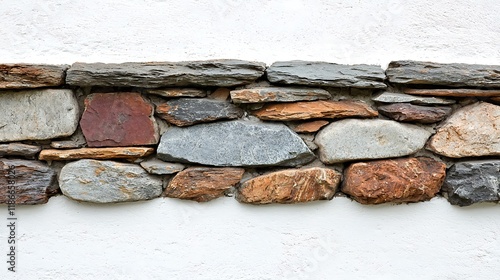 Horizontal rustic stone wall detail on white plaster.