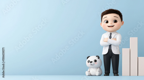 Adorable cartoon boy character in a suit stands beside a cute panda toy and bar graph, presenting business growth. photo