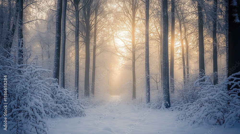 Fototapeta premium A quiet winter morning in the forest, with snow-covered trees and total stillness.