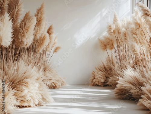 Minimalistic Valentine's Day backdrop, natural beige pampas grass, soft light, serene and modern design, ideal for photoshoots or classy decor themes photo