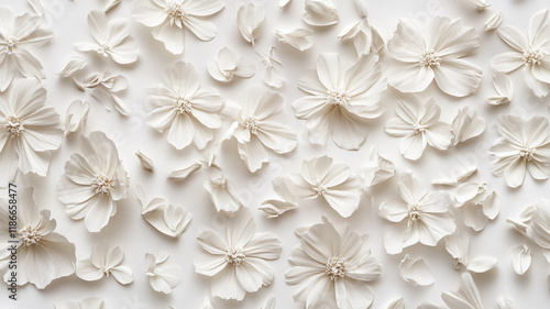 Elegant White Floral Arrangement Delicate Clay Cosmos Flowers and Petals on White Background