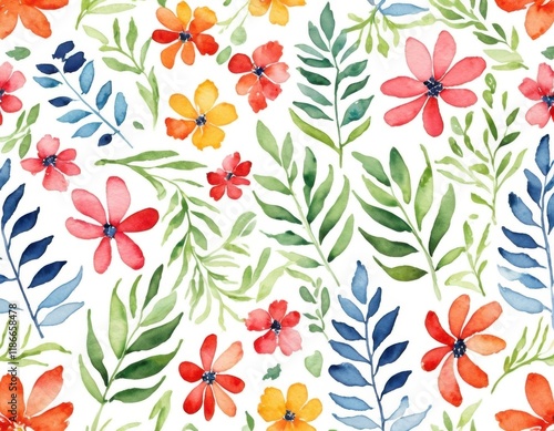 A vibrant watercolor pattern featuring colorful flowers and green leaves on a white background