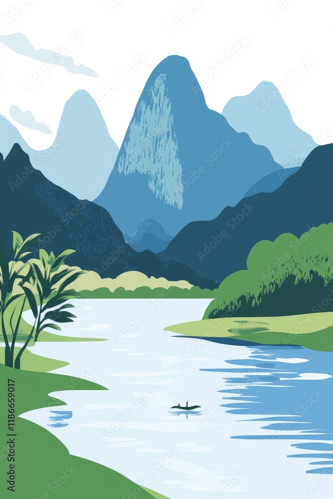 Guilin mountain and rivers flat simple illustrator style, abstract fine art
