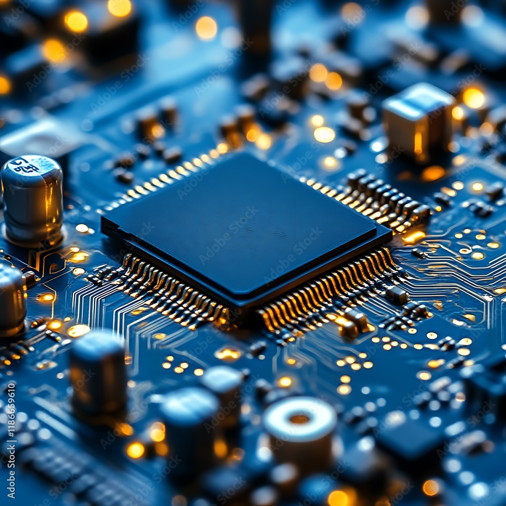 Microchip Circuit Board: A Close-Up Study in Deep Blue Hues Microchip Circuit Board: A Close-Up Study in Deep Blue Hues