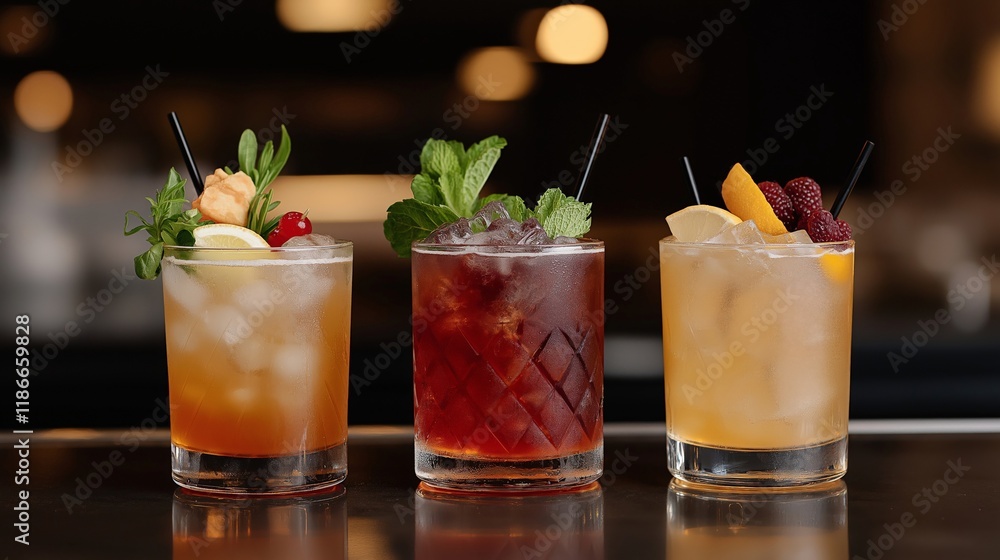 A trio of modern craft cocktails garnished with fresh herbs, citrus slices, and berries, served in glass tumblers with ice, displayed against a dark, elegant bar background A trio of modern craft cocktails garnished with fresh herbs, citrus slices, and berries, served in glass tumblers with ice, displayed against a dark, elegant bar background