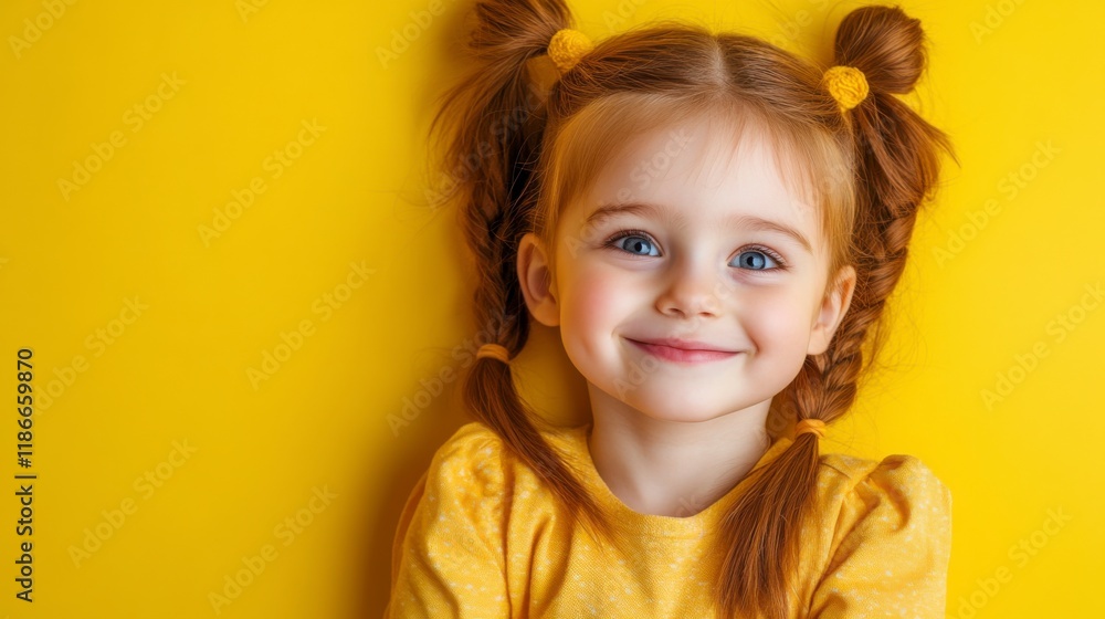 Joyful Little Girl: A charming portrait of a toddler girl with bright blue eyes and vibrant red hair styled in adorable pigtails, lying on a sunny yellow background. Joyful Little Girl: A charming portrait of a toddler girl with bright blue eyes and vibrant red hair styled in adorable pigtails, lying on a sunny yellow background.