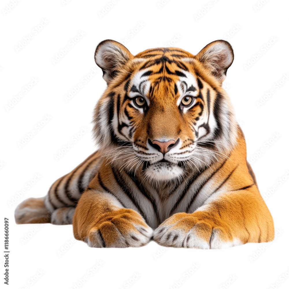 Fototapeta premium [Digital art illustration of a relaxed adult tiger] Relaxed Regal Tiger Portrait - Digital Art Illustration of Majestic Striped Feline.