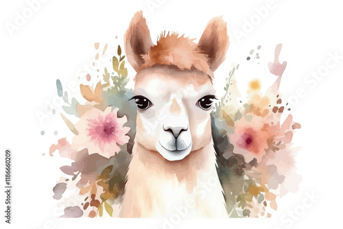 Watercolor background with lama. Vector illustration. Backdrop with animal.