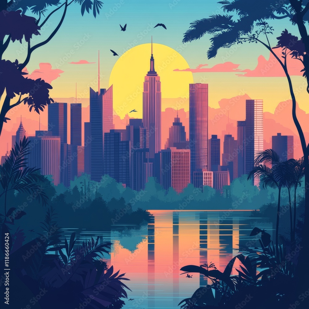 Obraz premium Illustration poster of new york city in a summer day, flat design