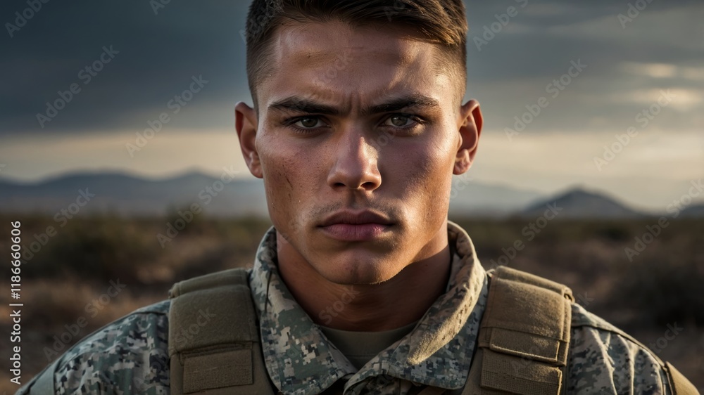 Portrait Image of a determined and brave young soldier with a strong jawline and piercing eyes Portrait Image of a determined and brave young soldier with a strong jawline and piercing eyes