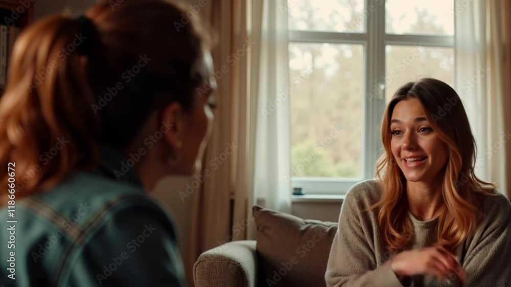 Two women having a supportive conversation in cozy living room Two women having a supportive conversation in cozy living room