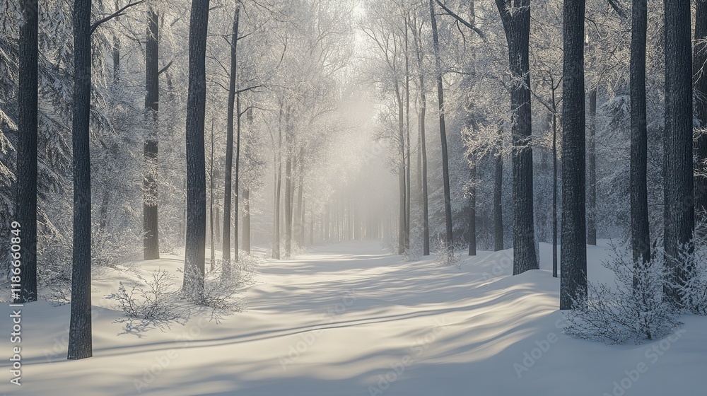 Naklejka premium A still winter forest landscape with snow resting gently on the trees and no sound at all.