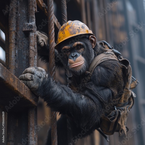 Ape hanging from a steel beam structure in construction iron worker clothing photo