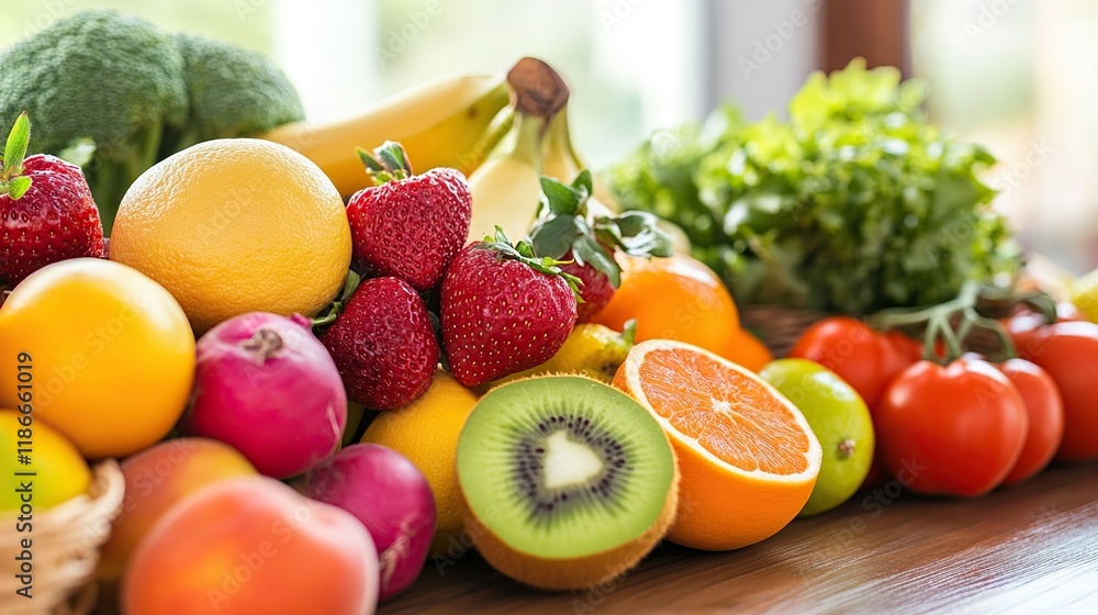 A table filled with fresh fruits and vegetables, representing wellness and good health. A table filled with fresh fruits and vegetables, representing wellness and good health.