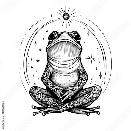 Line art of frog sitting in zen style with universe and stars around it, japanese print, minimalist detail, fit to center, white background, medieval