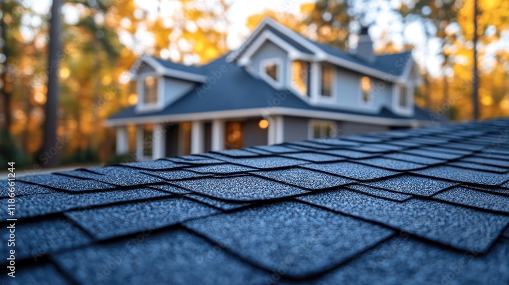 custom made wallpaper toronto digitalClose-up of asphalt shingles on a roof with a house in the background.