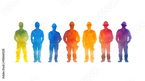 Colorful watercolor silhouettes of construction workers standing in a row. photo