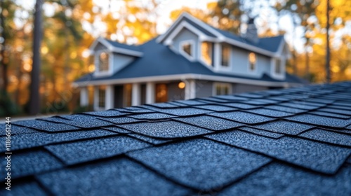 Wallpaper Mural Close-up of asphalt shingles on a roof with a house in the background. Torontodigital.ca