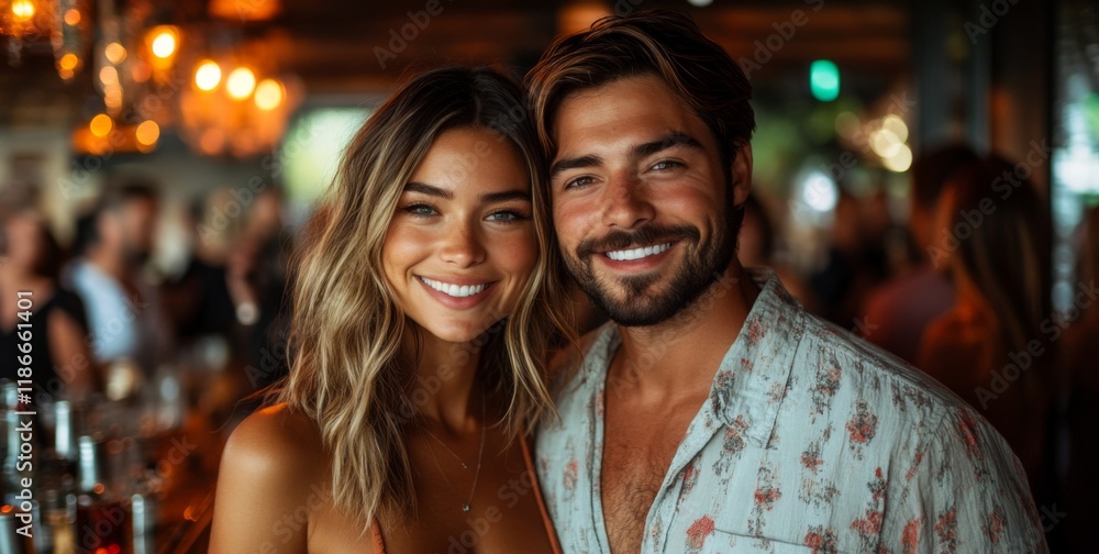 Fototapeta premium A joyful couple smiles at each other while posing for a picture in a lively bar filled with warm lights and soft conversations.