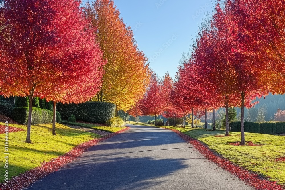 Autumnal splendor: A picturesque road lined with vibrant red and gold trees, bathed in the warm glow of sunlight. Autumnal splendor: A picturesque road lined with vibrant red and gold trees, bathed in the warm glow of sunlight.