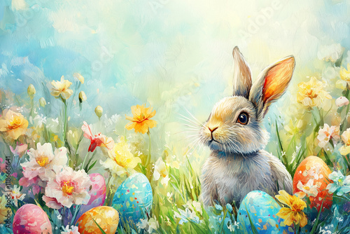 Easter background with a bunny and colorful eggs, with space for text. For Easter holiday designs, cards, and invitations