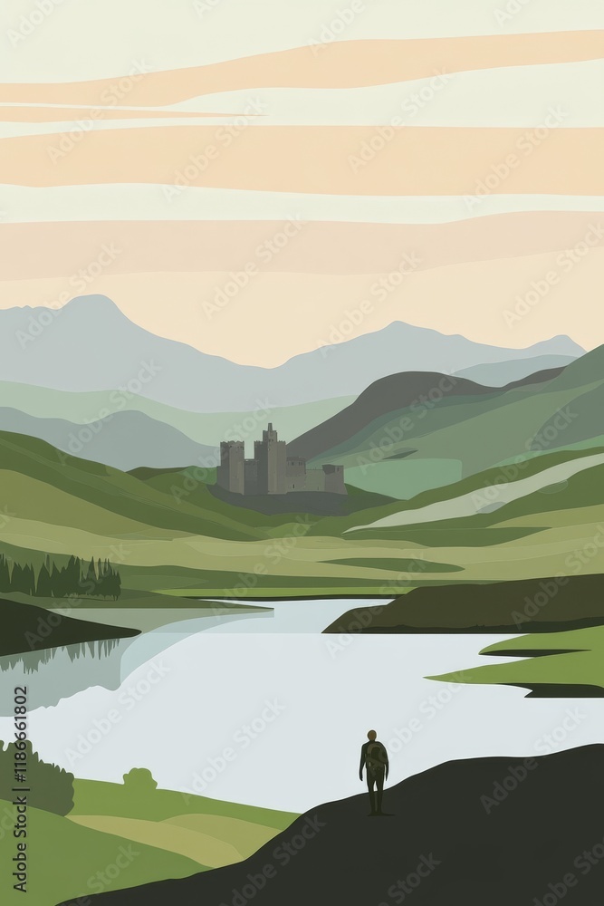 Minimalist flat vector art travel poster of the scottish highlands, showcasing rolling green hills and a tranquil loch with a distant stone castle