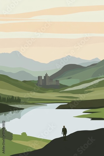 Obraz na płótnie Minimalist flat vector art travel poster of the scottish highlands, showcasing rolling green hills and a tranquil loch with a distant stone castle w salonie