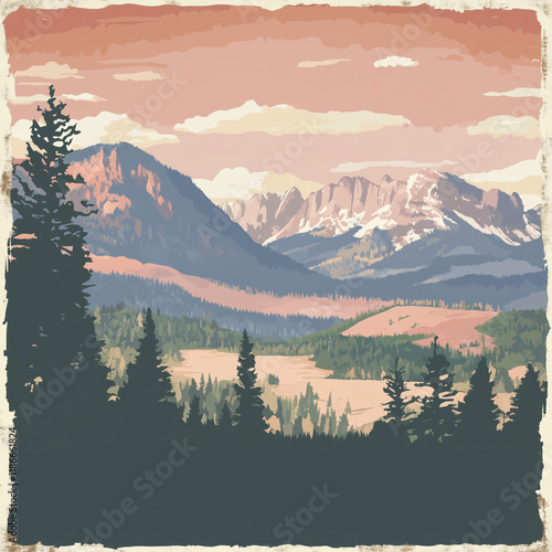 Vintage travel poster print in retro style with a mountain landscape, muted colors. Travel retro design poster with copyscape for text or message