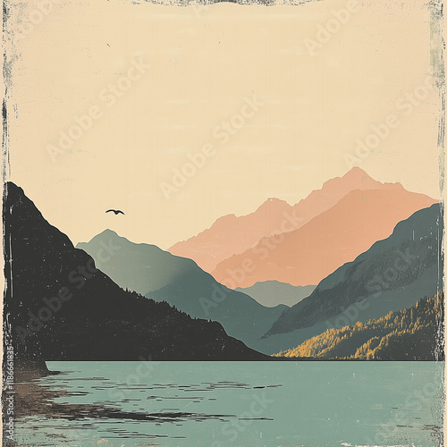 Vintage travel poster print in retro style with a mountain landscape, muted colors. Travel retro design poster with copyscape for text or message